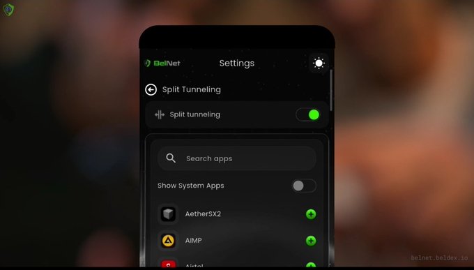A smartphone displays the BelNet VPN settings interface, showing the "Split Tunneling" feature toggled on with options to search apps, enable "Show System Apps," and add apps like "AetherSX2" and "AIMP." The image illustrates BelNet's split tunneling capability, allowing users to selectively route specific apps through the VPN while leaving others unaffected, aligning with the post's message about practical, user-friendly privacy tools.
