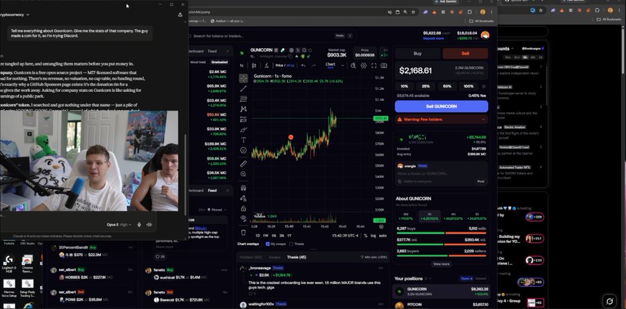 A streamer is seen on camera alongside a cryptocurrency trading platform showing Gunicorn (GUNCORN) charts with a buy order of $2,168.61, while an AI chat window discusses "Quietcorn"—a clear visual record of the streamer "papering" (paper-trading) a coin during their recording session.