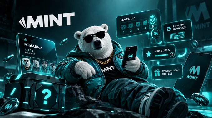 A promotional banner for 'MINT' featuring an anthropomorphic polar bear ('MintABear') wearing sunglasses and a gold chain, holding a phone, surrounded by UI elements like 'LEVEL UP', 'ROYALTY REWARDS', 'MINT STATUS', and 'MYSTERY BOX RAFFLES'.