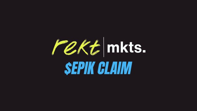 The image displays a logo banner for "rekt|mkts." with "$EPIK CLAIM" prominently featured below in bright blue text against a black background. This appears to be a promotional graphic for Rekt Markets Pro members regarding a $EPIK token claim process.