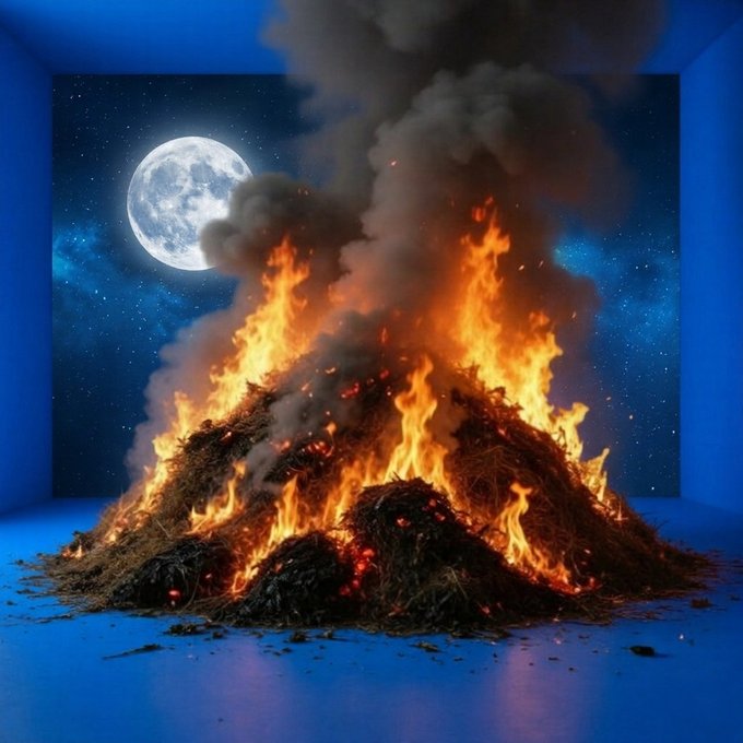 The image features a large pile of burning hay or straw, which appears to be a fire. The fire has been set ablaze by a full moon, creating an impressive display of flames against the night sky. The fire seems to be consuming the hay at an alarming rate, with smoke billowing out from it and filling the surrounding area.