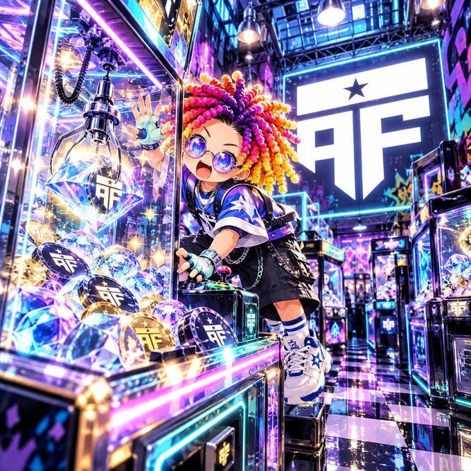 A vibrant, anime-style character with rainbow-colored hair and star-shaped sunglasses excitedly reaches into a glowing display of crystal coins emblazoned with the "RF" logo, set inside a neon-lit futuristic arcade. The accompanying post on privacy's network effect and the informational value of choosing "private mode" on a blockchain connects to the imagery by suggesting that even in a flashy, transparent world of token collecting, the decision to obscure one's actions still leaves a traceable pattern.