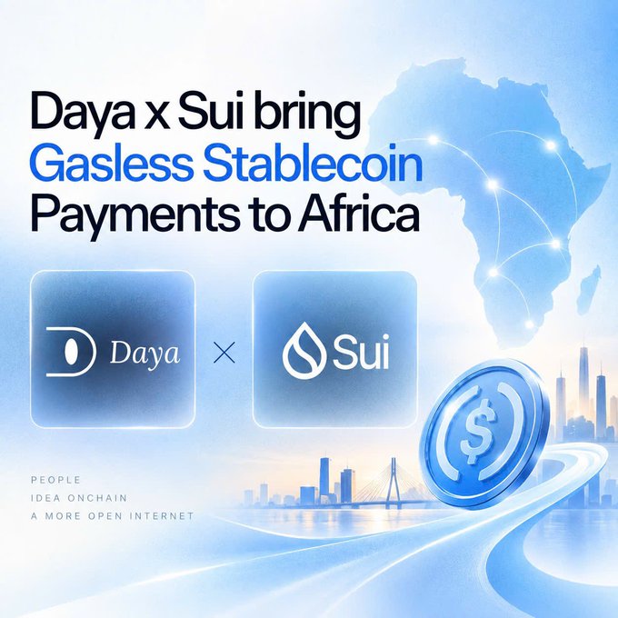 A promotional graphic titled 'Daya x Sui bring Gasless Stablecoin Payments to Africa' features the logos of both companies against a blue backdrop with a map of Africa and a dollar coin.