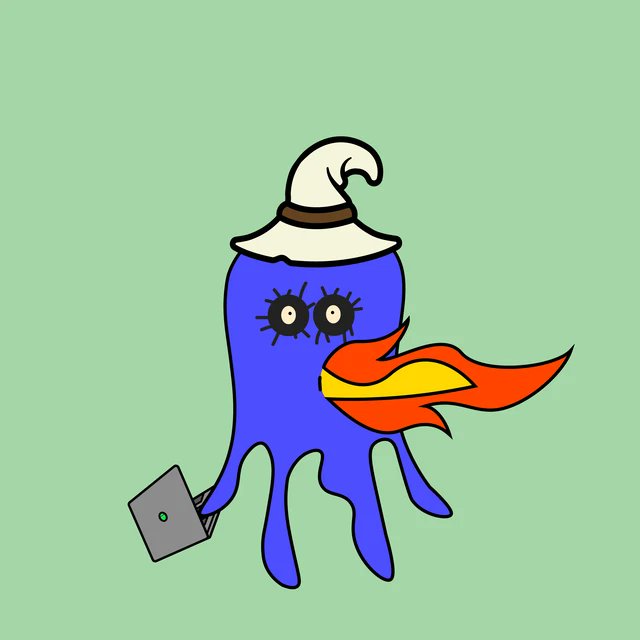 A cartoon illustration of a blue octopus-like character with a wizard hat, large eyes, a red and yellow mustache, and holding a gray floppy disk against a light green background.