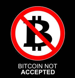 A "Bitcoin Not Accepted" sign, featuring the Bitcoin logo crossed out with a red prohibition symbol, visually reinforces the post's finding that 77% of Americans consider crypto in retirement funds a major risk.