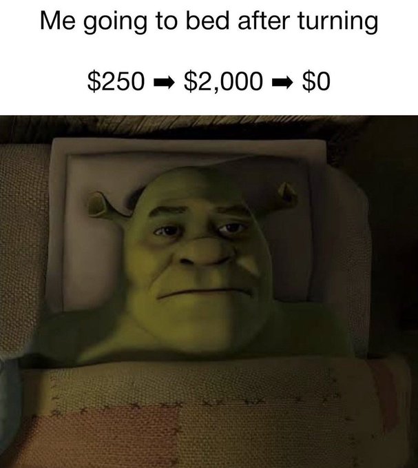 A Shrek meme with the caption 'Me going to bed after turning $250 ➡ $2,000 ➡ $0', showing Shrek's face lying on a pillow.