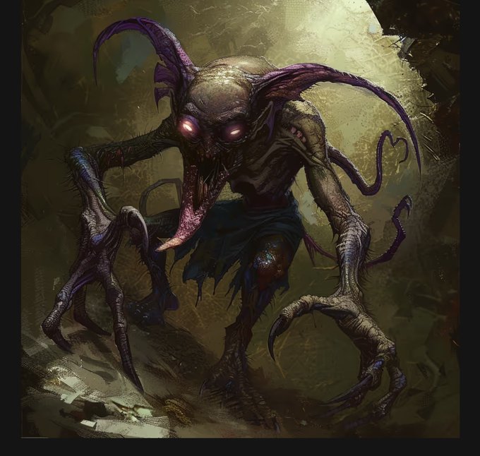 A dark fantasy creature illustration depicting a grotesque humanoid monster with glowing pink eyes, sharp teeth, a long tongue, and claw-like appendages.