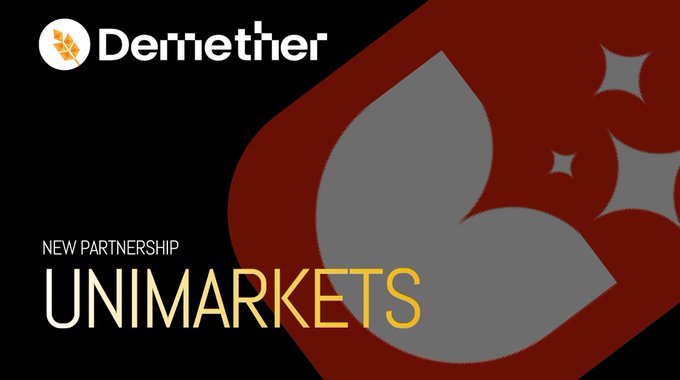 A promotional graphic announcing a new partnership between Demether and UniMarkets, featuring the Demether logo in the top-left corner, bold text reading "NEW PARTNERSHIP UNIMARKETS" on the left side, and a large gray Demether heart logo set against a dark red background with decorative sparkles on the right. The image visually reinforces the post's announcement of collaboration between the two companies in the tokenized asset and onchain investing space.