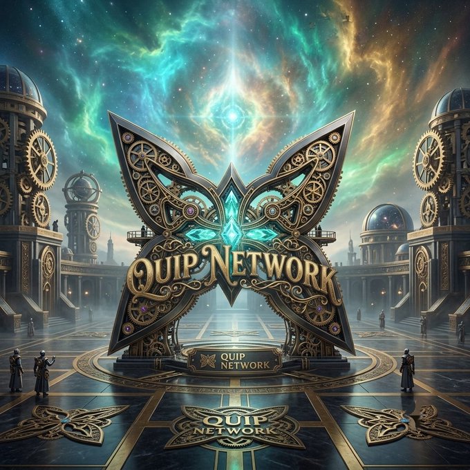 A fantasy scene featuring a large ornate butterfly emblem with the text 'QUIP NETWORK' set against a cosmic sky and grand architectural surroundings.