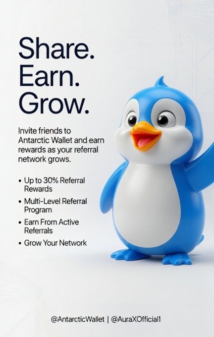 A promotional image for Antarctic Wallet featuring a 3D blue penguin mascot, with text 'Share. Earn. Grow.' and bullet points highlighting up to 30% referral rewards and multi-level referral program.