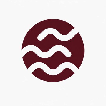 A dark red circular logo featuring three horizontal wavy white lines, set against a light background.