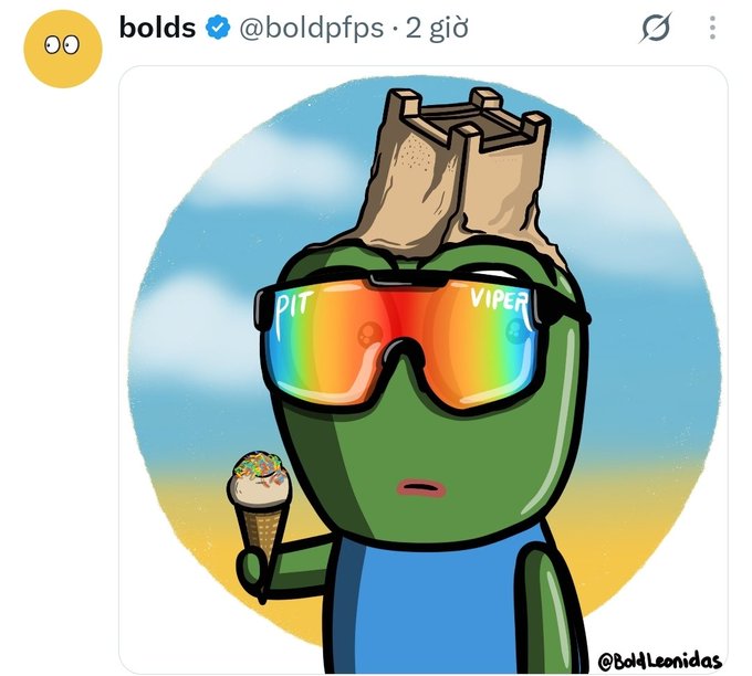 A cartoon image posted by verified user @boldpfps features "Mr. Bold"—a green character with rainbow sunglasses labeled "PIT VIPER" and a sandcastle on his head—holding an ice cream cone against a beach backdrop, with the artwork credited to @BoldLeonidas. The whimsical illustration complements the post's commentary about the OGF NFT reacting to Cole earning $1.2 million.