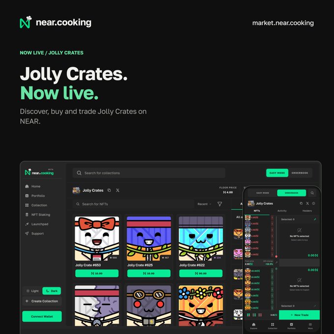 A promotional webpage for near.cooking announcing 'Jolly Crates. Now live.' with screenshots showing an NFT marketplace interface featuring various character crates.