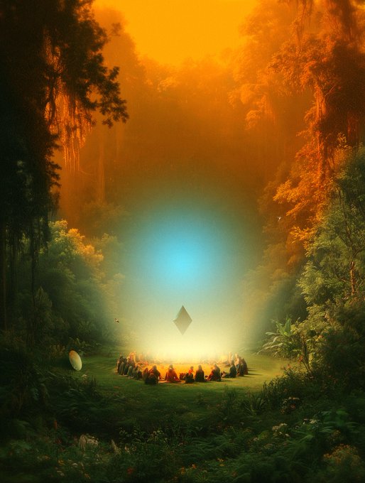 A hooded secret society gathers in a circle within a misty jungle clearing, meditating beneath a glowing floating octahedron that radiates ethereal blue light into the surrounding amber haze. The scene captures the mystical "ether" referenced in the caption—the luminous geometric form serving as the focal point of their ritual, embodying the otherworldly essence the secret society seeks to commune with.