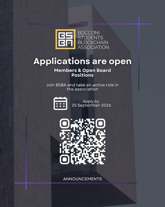 A promotional graphic for the 'BOCCONI STUDENTS BLOCKCHAIN ASSOCIATION' announcing that applications are open for Members & Open Board Positions, with a deadline of 25 September 2026 and a scannable QR code.