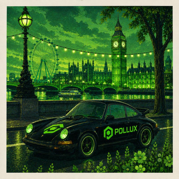The image features a black Porsche 911 sports car driving down a street at night with a city skyline in the background. The car has a Pollux logo on its side, indicating that it's part of the PolluxChain community. The scene also includes a Ferris wheel and a clock tower, adding to the urban atmosphere.