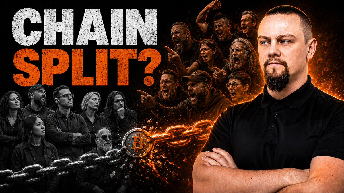 A YouTube thumbnail featuring a serious man with a goatee in a black polo shirt on the right, contrasted against a fiery background with a crowd of shouting people pointing aggressively on the left, a broken Bitcoin chain link, and bold text reading "CHAIN SPLIT?"—visually capturing the Bitcoin community's heated debate over BIP 110 and the conflict between chain rollback versus ossification discussed in the podcast.