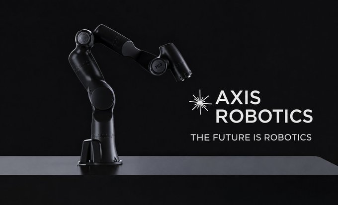 A sleek black robotic arm is displayed against a dark background alongside the logo and text 'AXIS ROBOTICS' and 'THE FUTURE IS ROBOTICS'.