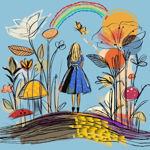 The image features a woman standing on top of a hill, looking out at a garden filled with flowers and mushrooms. The sky above her is blue, and there's a rainbow visible in the background. The post that accompanies this image has been tagged with the hashtag #GIFARTDAY, which indicates it was created on April 6th, 2016.