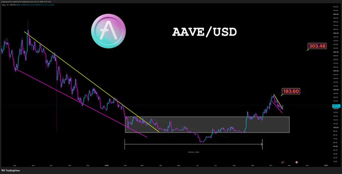 A TradingView-style chart titled “AAVE/USD” shows a long downtrend followed by a sideways consolidation and a recent rebound, with visible price labels “303.48” and “183.60.”