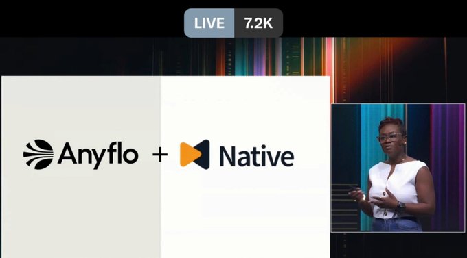 A live stream screenshot with 7.2K viewers showing a presentation about 'Anyflo + Native', featuring a woman in a white top speaking on stage with logos displayed on the main screen.