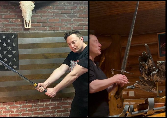 A side-by-side comparison shows two men wielding swords in dramatically different settings: on the left, a man in a black t-shirt brandishes a sword in front of an American flag and an animal skull mounted on a brick wall, while on the right, another man in a rustic wooden room appears to be examining or drawing a sword, with another blade displayed on an elaborate wooden stand.