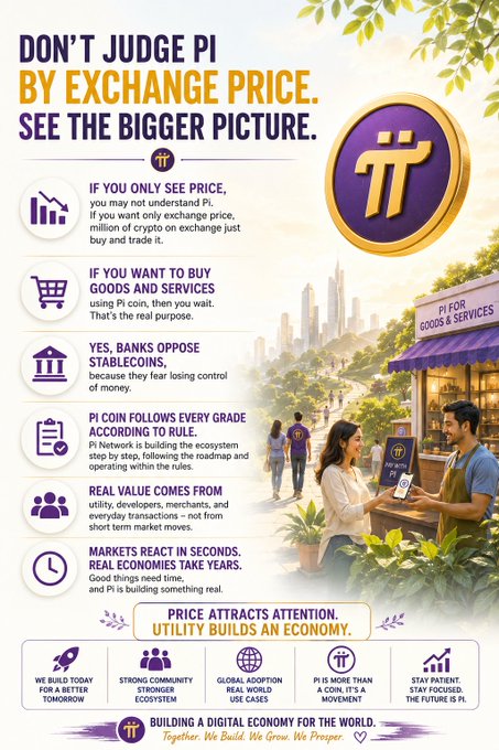 A promotional infographic for Pi Network (π) headlined "DON'T JUDGE PI BY EXCHANGE PRICE. SEE THE BIGGER PICTURE," featuring a gold Pi coin and arguments for valuing Pi coin beyond its trading price—emphasizing utility, real-world goods and services adoption, community, global use cases, and long-term ecosystem building over short-term market speculation.

The image visually reinforces the post's message by contrasting the volatility of exchange prices with the steady, real-world utility of Pi as a digital currency used for transactions.