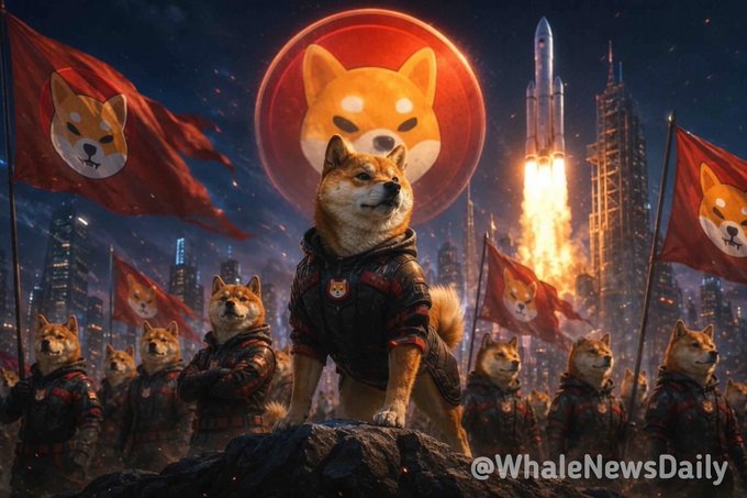 An army of armored Shiba Inu warriors stands united beneath a glowing Shiba emblem and a launching rocket, rallying behind red Shiba flags against a futuristic cityscape—visually embodying the post's message of $SHIB holders persisting through every dip and FUD, with the rocket symbolizing the upward momentum of the SHIB community and Shibarium's future growth.