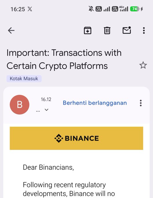 A mobile screenshot of an email titled 'Important: Transactions with Certain Crypto Platforms' from Binance, addressed to 'Dear Binanceans' regarding regulatory developments.
