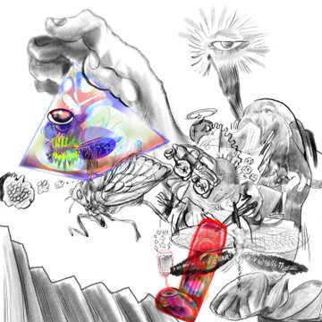 A surreal mixed-media artwork featuring a grayscale hand holding a colorful prism/triangle containing psychedelic imagery, alongside detailed sketches of insects like flies and bees, a person wearing glasses, and abstract elements in red and black.