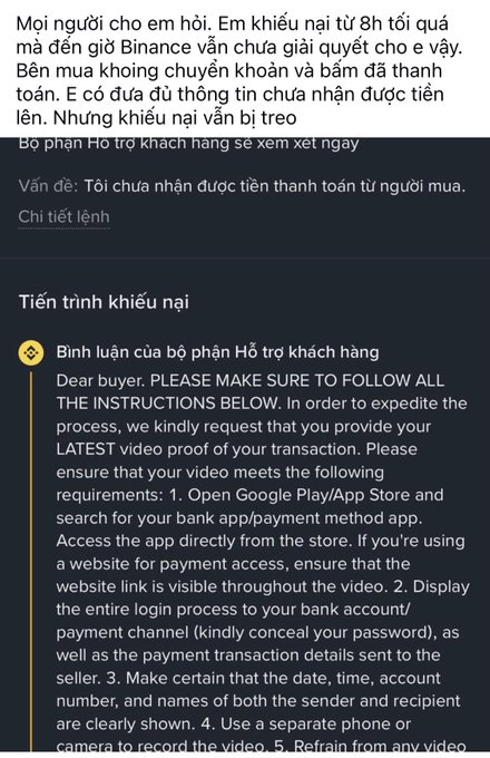 A screenshot of a Binance customer support complaint in Vietnamese, where a user complains about not receiving payment from a P2P buyer, and the support team responds in English requesting video proof of the transaction with specific recording requirements.