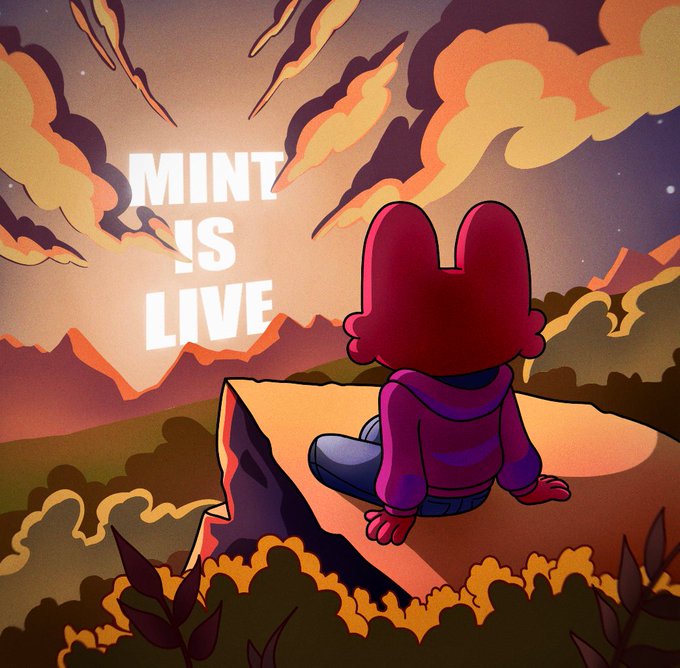 Illustration of a red cartoon character sitting on a cliff edge looking at a sunset with the text "MINT IS LIVE".