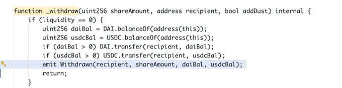 A code snippet showing a Solidity function `_withdraw` that transfers DAI and USDC token balances to a recipient and emits a `Withdrawn` event.
