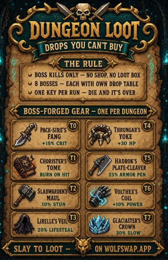 A poster for "Dungeon Loit" game features a list of items and their descriptions, including a sword, shield, book, and magical item.