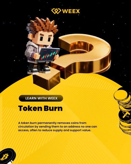 A Weey "Learn with Weey" educational graphic explaining Token Burn—featuring a blocky character holding a chart on a giant gold question mark—with text stating: "A token burn permanently removes coins from circulation by sending them to an address no one can access, often to reduce supply and support value," directly answering the post's quiz with **B. Supply decreases**.