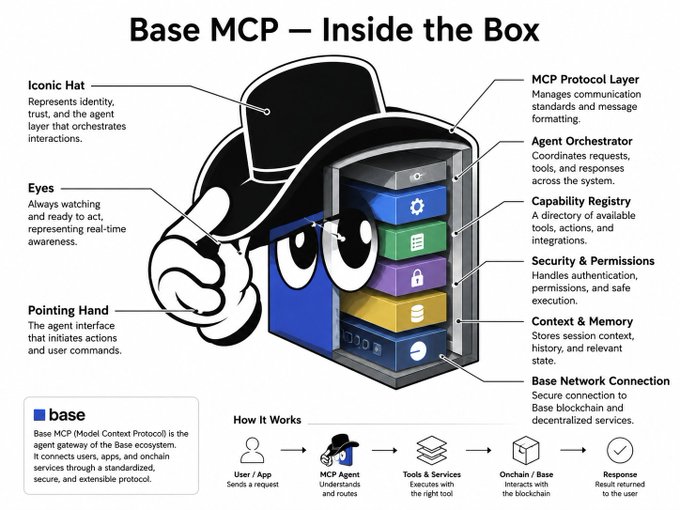An infographic titled 'Base MCP – Inside the Box' explaining the Model Context Protocol agent gateway of the Base ecosystem, featuring a cartoon detective and labeled components.