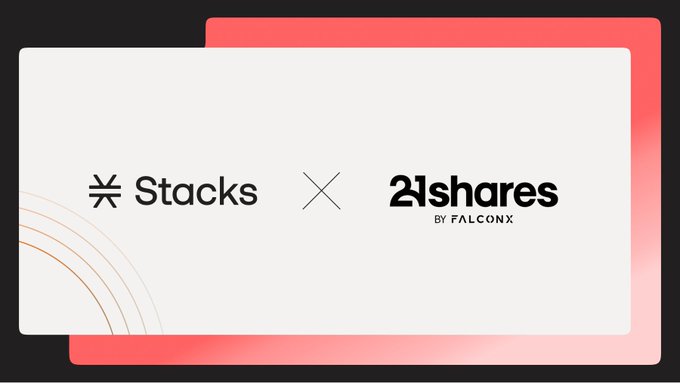 A promotional graphic displaying the logos 'Stacks' and '21shares BY FALCONX' separated by an X symbol on a white background with red accents.
