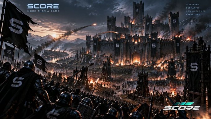 A dark fantasy battle scene features an army attacking a castle at sunset, with banners displaying an 'S' logo; text reads 'SCORE MORE THAN A GAME', 'DIFFERENT SCENARIOS NEW OUTCOMES EVERY TIME', and 'SCORE' at the bottom right.