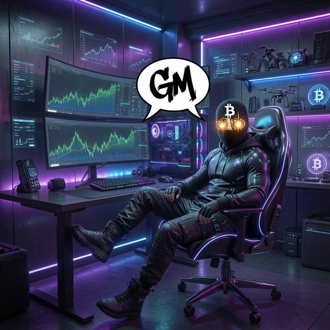 A digital artwork of a figure with a Bitcoin logo face sitting at a multi-monitor trading setup with a 'GM' speech bubble.