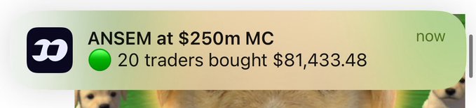 A notification banner displays 'ANSEM at $250m MC' with a green dot and '20 traders bought $81,433.48' on a 'now' timestamp.