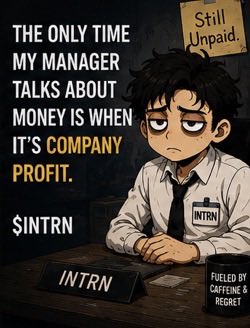 A cartoon illustration of a tired-looking intern with a 'Still Unpaid' sign, captioned 'THE ONLY TIME MY MANAGER TALKS ABOUT MONEY IS WHEN IT'S COMPANY PROFIT.' with '$INTRN' ticker and 'Fueled by Caffeine & Regret' tag.