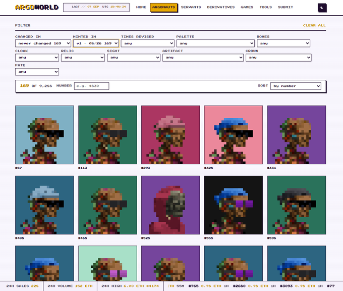 Screenshot of the ArGoWorld NFT marketplace website displaying a grid of pixel art character collectibles (CryptoPunks-style) with filters including 'mint in v1 / 05/26 169' and showing 169 of 9,255 items.
