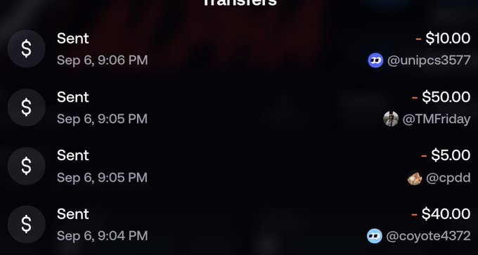 A screenshot of a crypto wallet's "Transfers" history showing four "Sent" transactions on Sep 6 between 9:04-9:06 PM, totaling $105 ($10 to @unipcs3577, $50 to @TMFriday, $5 to @cpdd, and $40 to @coyote4372), likely demonstrating recent $ULCAT purchases to encourage others to share their FOMO IDs.
