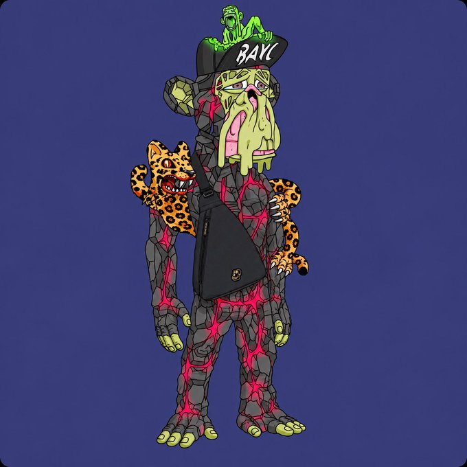 A stylized Bored Ape Yacht Club NFT character stands against a navy blue background, featuring a melting zombie-like face, gold chain, and a leaping jaguar companion, wearing a black cap with "BAYC" written on it and topped by a small green creature. The image directly references the @BoredApeYC community referenced in the post, celebrating a profitable "bag" win in the crypto/NFT space.