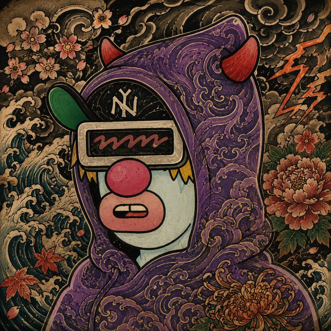 A cartoonish figure with red devil horns wears a purple hood adorned with traditional Japanese wave and floral patterns, along with a headband displaying "NY" text and a squiggly line design. The phrase "Hood Morning" serves as a playful twist on "Good Morning," matching the imagery's distinctive hooded character.