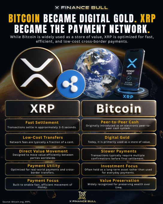 An "X Finance Bull" infographic comparing XRP and Bitcoin, with the header "BITCOIN BECAME DIGITAL GOLD. XRP BECAME THE PAYMENT NETWORK." and features comparing aspects like fast settlement, low-cost transfers, and payment focus for XRP versus digital gold and investment focus for Bitcoin.
