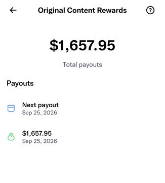 The image shows an "Original Content Rewards" page displaying $1,657.95 in total payouts, with a recent payout of the same amount on Sep 25, 2026 and the next payout also scheduled for Sep 25, 2026. The screenshot illustrates the user's complaint about X's content creator payouts remaining flat despite accumulating 2.5 million verified impressions, highlighting frustration that no additional compensation was earned beyond the initial reward.