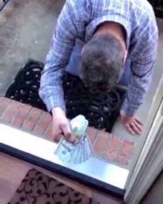 A man bends over a doormat, scooping up cash from inside his house to deliver a mocking "dip" callback to investors who missed the $CETS pump. The image humorously illustrates the poster's taunt that the dip-buying opportunity has arrived, playing on the pun between catching a falling price and scooping fallen money.