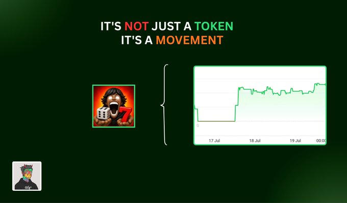 A meme-style crypto graphic stating 'IT'S NOT JUST A TOKEN IT'S A MOVEMENT' with an image of a screaming man holding dice and a 7, alongside a green price chart.