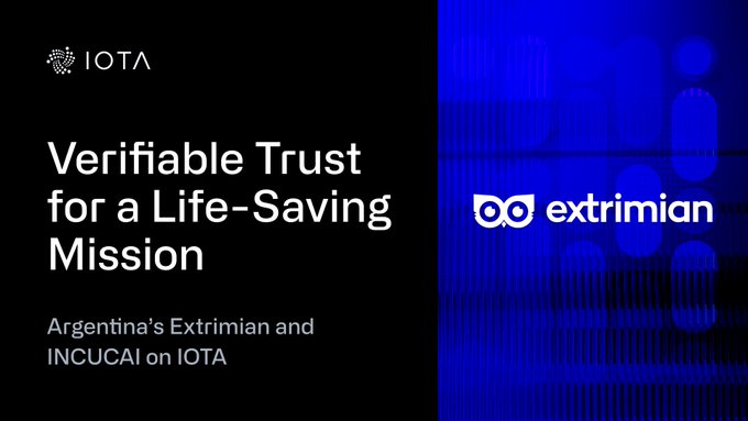 A title slide with a black and blue split background reads 'Verifiable Trust for a Life-Saving Mission' featuring the IOTA and Extrimian logos, with a subtitle 'Argentina's Extrimian and INCUCAI on IOTA'.